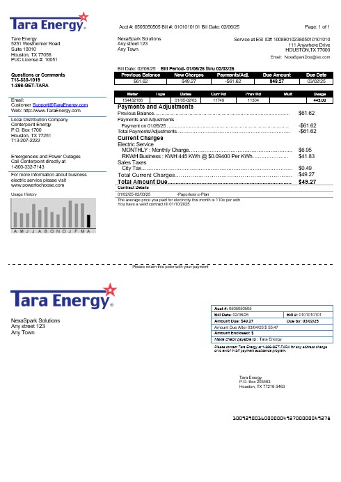USA Texas Tara Energy business utility bill template in Word and PDF formats